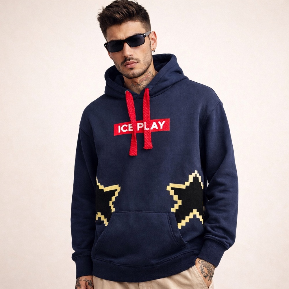 Ice Play Graphic Logo Hoodie Navy Red Rope Stars M Oversized Italian Streetwear